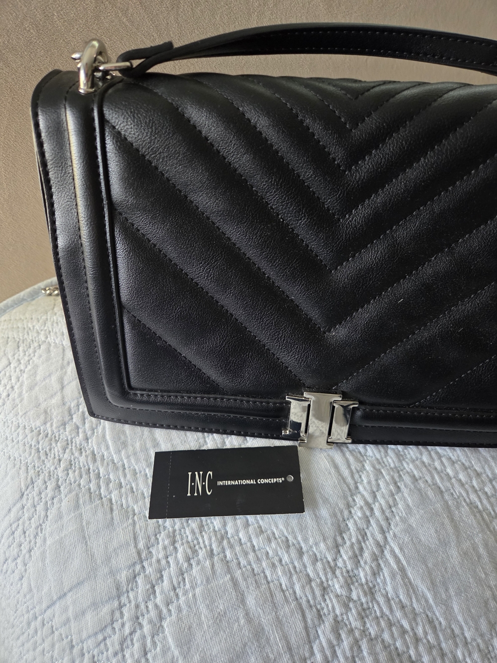 INC International Concepts Black Quilted Chevron Shoulder Bag with Silver Chain - Picture 4 of 8